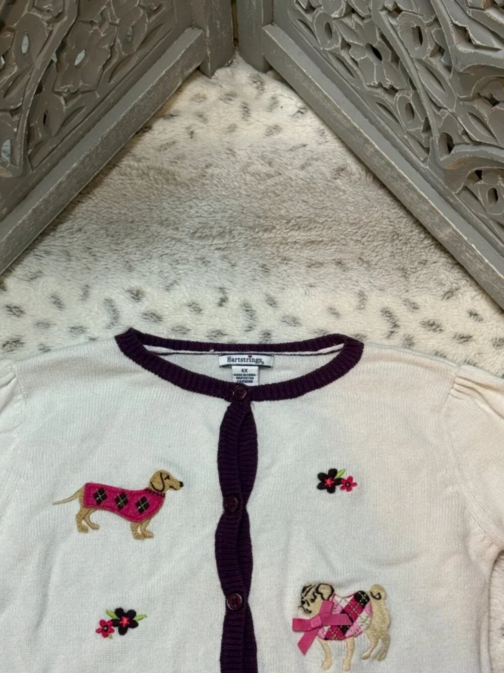 Hartstrings button up cardigan girls size 6 floral dogs preppy school winter